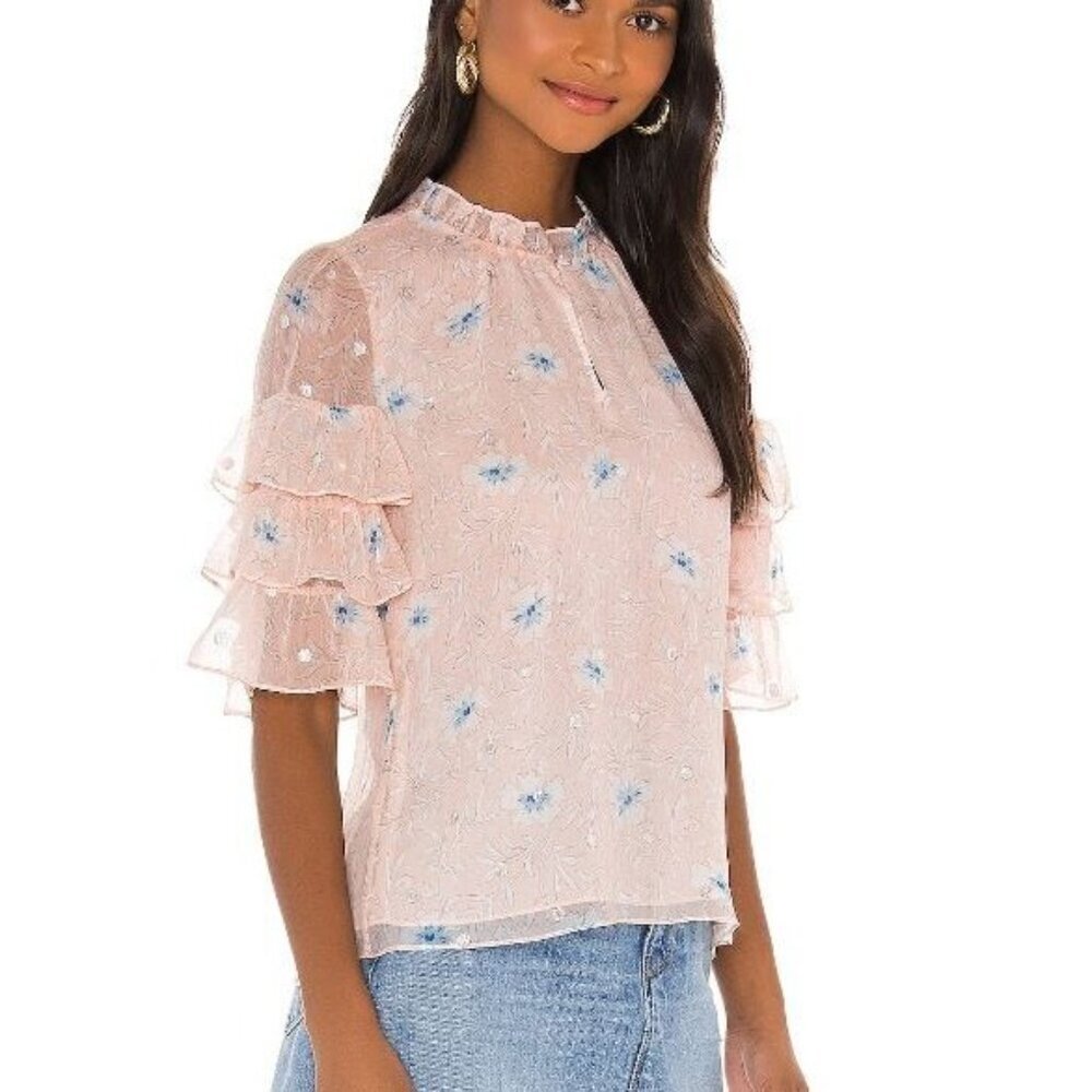 Rebecca Taylor Women's Blouse Short Sleeve Trellis Peach Floral Silk Metallic 12